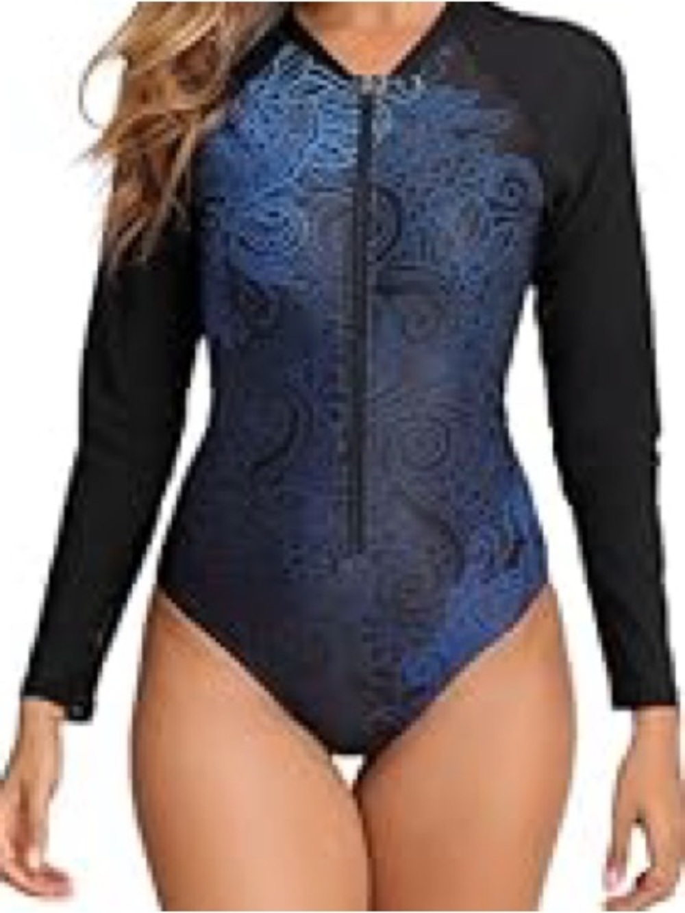 Halcurt Black & Blue Long-Sleeve Zip Front One-Piece Swimsuit